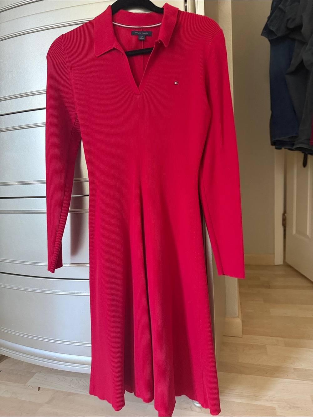 Tommy Hilfiger Bright Red Long-Sleeve Ribbed Polo Dress
